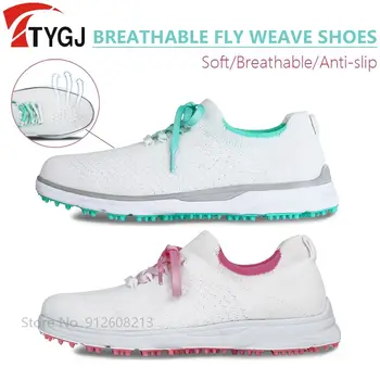 TTYGJ Kadınlar Fly Örme golf ayakkabıları Kadın Nefes Hafif Spor Ayakkabı Bayanlar Kaymaz golf ayakkabıları Lace Up Eğitmenler