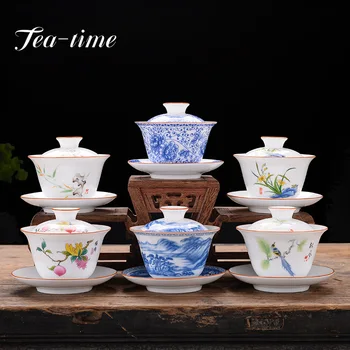 190 ml Çin Mavi ve Beyaz Porselen Çay Kasesi Seramik Renkli Çiçekler Gaiwan El Boyalı Fincanı Ev Drinkware Dekor Sanatları