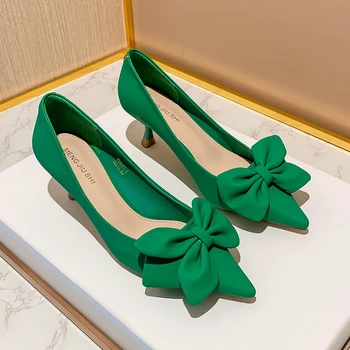 Ilmek Yeşil Pompaları Kadın Slip-on Yumuşak Pu Deri Yüksek Topuklu Ayakkabılar Kadın Seksi Sivri Burun Ince Topuklu Ofis Bayan Ayakkabıları Yeni