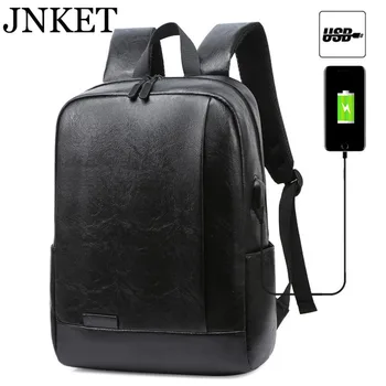 JNKET Erkekler Moda PU Deri USB Şarj İş Sırt Çantaları Seyahat Paketi Laptop Paketi Büyük Kapasiteli Sırt Çantaları