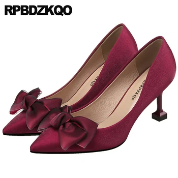 Şarap Kırmızı İnce Yay Pompaları Scarpin Lüks Kadın yüksek topuklu ayakkabı Moda 3 İnç Stiletto 2021 Sivri Burun Kayma Tasarımcı Saten