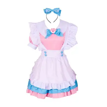 Hizmetçi Kostüm Seti Lolita Elbise mini elbise / yay Bandı pembe mavi sevimli Kedi tarzı hizmetçi üniforma Japon tarzı cosplay elbise seti