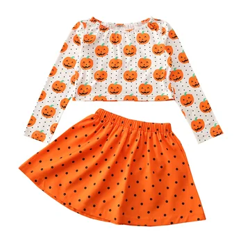 Çocuklar Cadılar Bayramı 2 Adet Kıyafetler, kabak Nokta Baskı O-Boyun Uzun Kollu Mahsul Tops + Elastik Bel Kısa Etek Kızlar için, turuncu