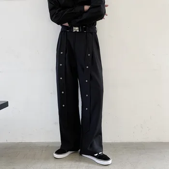 Yeni streetwear Perçin serin erkek Rahat Geniş Bacak Pantolon Kore Moda Streetwear Lace up resmi ofis Pantolon