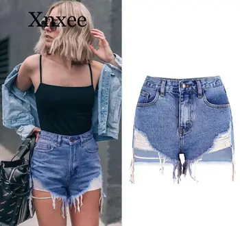 Kadın kısa kot pantolon 2020 Avrupa Tarzı Vintage Yüksek Bel Püskül Kot Şort Lüks İnce Rahat Yırtık kısa kot pantolon Kot Delik