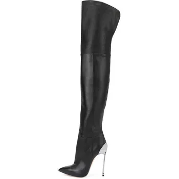 Kadın seksi siyah yüksek topuklu uyluk çizmeler metal stiletto yüksek topuklu sivri çelik boru çizmeler ilkbahar / sonbahar modelleri ayakkabı boyutu