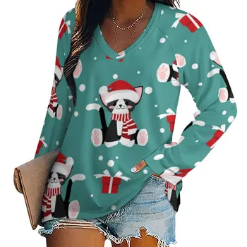 Sevimli Noel Kedi T-Shirt Sonbahar Hayvan Baskı Sokak moda T - Shirt Uzun Kollu Estetik Tee Gömlek Kadın Üstleri Büyük Boy 5XL