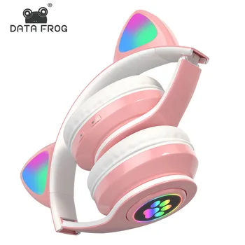 VERİ KURBAĞA Bluetooth 5.0 kablosuz kulaklıklar Sevimli LED Flaş Kedi Kulaklar Kafa monte Kulaklık Dahili Mikrofon HiFi Kulaklıklar