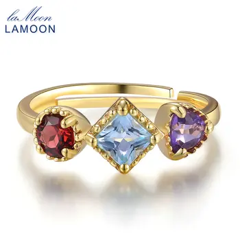 LAMOON 3 Renk Taş 925 Ayar Gümüş Yüzük ile Kadınlar için Ametist ve Garnet & Topaz Güzel Takı Yüzük Aksesuarları RI011