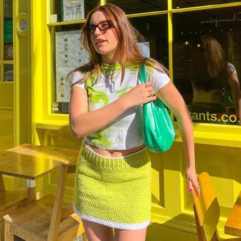Y2K kadın A-Line Mini Etek Rahat Yüksek Bel Renk Blok Diz Üstü Tığ Kısa Etek Arkadaşlar Toplama Seyahat Alışveriş