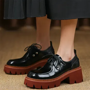 2022 Bayanlar Ofis yarım çizmeler Kadın Hakiki Deri Yüksek Topuk Platformu Pompaları Kadın Yuvarlak Ayak Parti Oxfords gündelik ayakkabı Ayakkabı