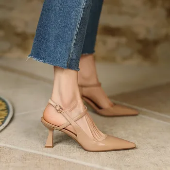 Kadın Hakiki Deri Ofis zarif ayakkabı Kadın Yaz Katı Topuklu Sığ Kadınlar Yeni Sivri Burun Stiletto Topuklu Ayakkabı Pompaları