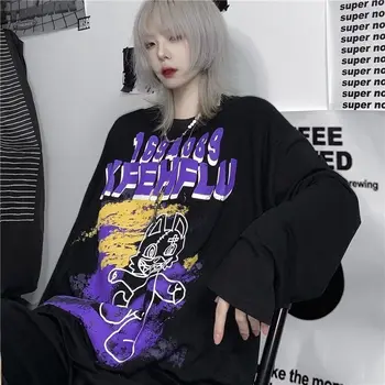 Pamuk benzersiz büyük boy uzun kollu T-shirt Harajuku Y2K komik desen T-shirt Gotik sokak stili kadın hip hop giyim