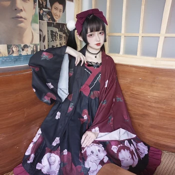 Japon prenses günlük tatlı lolita elbise vintage v yaka ilmek sevimli baskı yüksek bel viktorya dönemi tarzı elbise + haori kawaii kız seti