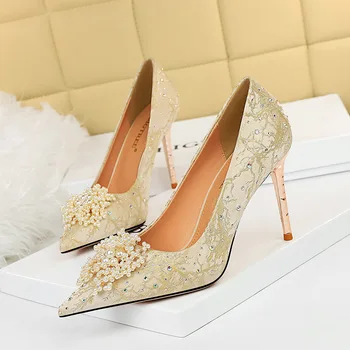 2021 Lüks Kadın 9.5 cm İnce Yüksek Topuklu Pompalar Kadın Glitter Kristal Düğün Parti Pompaları Scarpins Tasarımcı Artı Boyutu Balo Ayakkabı