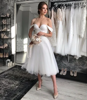 Kısa düğün elbisesi 2021 Sevgiliye Diz Boyu Beyaz Organze Noktası Net gelin kıyafeti Robe De Mariee Basit Plaj Sivil Saten