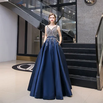Yeni Moda Seksi Açık V Geri Mavi Bir Çizgi Akşam Elbise Basit Saten Glitter Boncuk Örgün Parti Ünlü Elbisesi Cepler ile 2021
