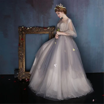 Gri Tül Balo Elbise Çiçek Dantel Aplikler Nedime Elbisesi Rüya Mezuniyet Elbise Illusion Bishop düğün elbisesi Tül