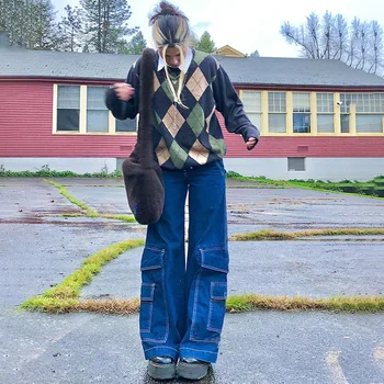 Sokak Stili Indie Erkek Arkadaşı dökümlü pantolon 90s Vintage Y2k Cepler Geniş Bacaklar Kot Tek Renkli Kadınlar Yüksek Bel Pantolon anne kot