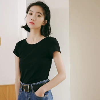 Yeni Kadın Temel Tshirt Kore Yaz O-Boyun Kısa Kollu İnce Streç T Shirt Kadın Rahat Tüm Maç Üstleri
