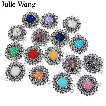 Julie Wang 10 ADET 10mm Reçine Sahte Druzy Cabochon Konnektörler Alaşım Çiçek Bankası Charms Kolye Kolye Takı Yapımı Aksesuar