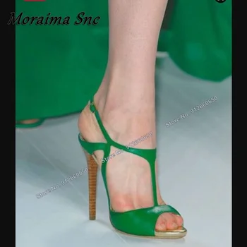 Moraima Snc Yeşil T Kayışı Kadın Sandalet Wodden Topuk Peep Toe Ince Yüksek Topuklu Ayakkabı Ayak Bileği Toka Kadınlar Katı Stilettos Sandalet