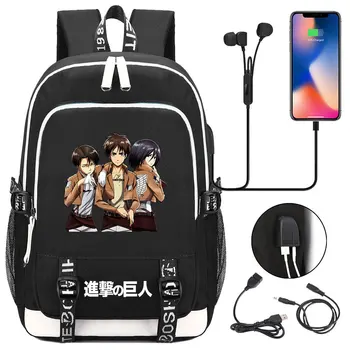 Anime Titan Tuval Siyah Sırt Çantası USB Şarj Sırt Çantası Öğrenci Fermuar Karikatür Schoolbag Genç seyahat laptop çantası