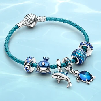 925 ayar gümüş Yaz Okyanus Serisi mavi Gizli Kristal Kaplumbağa Balık dokuma kabuk moda DIY pandoradora bilezik kadın