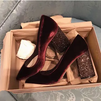 Moda Payetli Blok Topuklu 8cm kadın OL Ofis Ayakkabı Sivri Burun Pompaları Üzerinde Kayma 6cm Yüksek Topuklu Ayakkabı Kadın