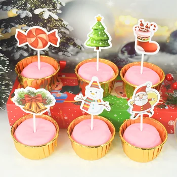 24 adet Noel Kek Topper Mutlu Yeni Yıl Tema Parti Cupcake Tatlı Dekorasyon Aksesuarları Santa Noel Ağacı Elk Kek Kartı