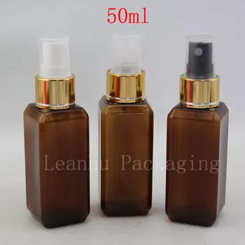 50 ml X 50 Boş Kahverengi Kare Plastik Şişe Altın Alüminyum Sis Sprey Parfüm Şişeleri, Renkli Kozmetik Ambalaj Kabı