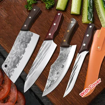 Maket Mutfak Bıçağı Yüksek Karbonlu Çelik şef bıçağı s Ahşap Saplı Cleaver Kesme Et şef bıçağı Makas Kalemtıraş