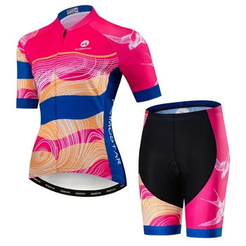 Yaz kadın Bisiklet Jersey Setleri Maillot Ciclismo Kısa Kollu bisikletçi giysisi Nefes Jel Ped Şort Bisiklet Gömlek Üst Pembe