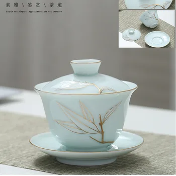 Sıcak El Boyalı Yeşim Porselen Şeftali Çiçekleri Seramik Gaiwan Çin Çay Seti Teaware Gezdirilir Sancai çay bardağı Pu'er su ısıtıcısı