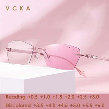VCKA Kadınlar Çerçevesiz Fotokromik Pembe okuma gözlüğü İş Hipermetrop Diopters Presbiyopi Elmas Kesim Lens Gözlük + 100~ + 400