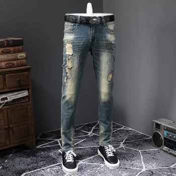 Sonbahar Avrupa ve Amerikan erkek Kot Retro Kişilik Yırtık Kot Y2K Rahat Moda Trendi erkek Pantolon