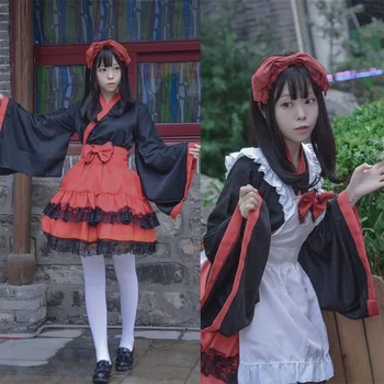 Kadın japon animesi Cadı Hizmetçi Cosplay Kostüm Geyşa Kimono Elbiseler Kızlar Yukata Sahne Lolita Çiçek çay partisi Elbise Önlük Setleri