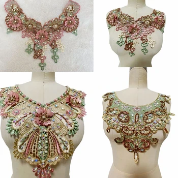 1 Adet El Yapımı Rhinestones İnciler Dantel Trim Yamalar dikmek Boncuk 3D Çiçekler Aplike Elbise Elbise Yaka Aksesuarları