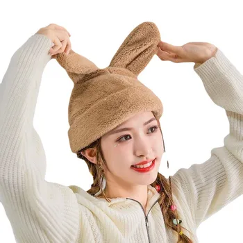 Kadınlar sevimli kış sıcak şapka Tavşan kulak örme şapka komik sevimli karikatür bere kap Kalın sıcak pamuk kıvrılmış takke skullies kap