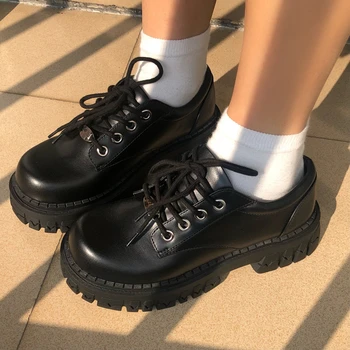 Yeni Kadın Oxfords 2021 İlkbahar Sonbahar Rahat platform ayakkabılar Siyah Lace Up Deri Ayakkabı Dikiş Moda Yuvarlak Ayak Tıknaz Taban Daireler