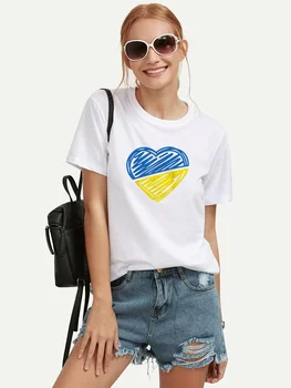 2022 Yaz Kadın Üstleri Ukrayna Baskı T-shirt Mavi Ve Sarı Kalp Desen Tees Lady Genç Kızlar Casual Streetwear Giyim a35