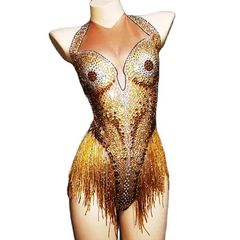 Glitter Altın Rhinestones Saçaklar Kadın Tulumlar Kolsuz Halter Bodysuits Gece Kulübü Kutup Dans Kostümleri Şarkıcı Sahne Giyim