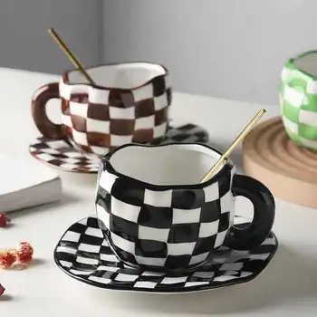 El Boyalı Siyah Kahverengi Yeşil Dama Tahtası Kahve bardak ve altlıklar Sıraltı Seramik çay bardağı Seti Mutfak Sofra Benzersiz Hediye