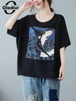 Oladivi Kısa Kollu Moda Baskı Büyük Boy T-shirt Kadın Rahat Gevşek En Tees 2022 Yaz Büyük Boy Gömlek Siyah Tshirt 1633