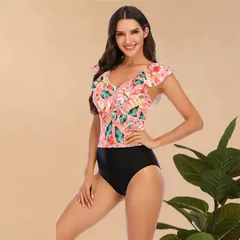 Çiçek Ruffled Hem bikini seti Kadın Baskı V Yaka Yüksek belli İki Parçalı Mayo 2022 Kız Plaj Mayo Mayo Biquinis