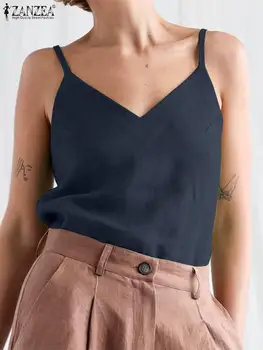 Kadın Spagetti Sapanlar Bluzlar ZANZEA 2022 Şık Yaz Camiş Üstleri Seksi Blusas Kadın Tatil Katı Tunik Büyük Boy Chemise