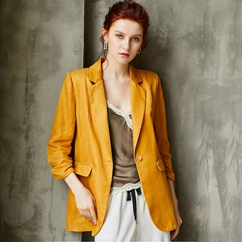 Yüksek Kaliteli Blazers Kadın Takım Elbise 100 % Cupro Kumaş Basit Tasarım Üç çeyrek Kollu Tek Düğme Düz Renk Takım Elbise Yeni Moda