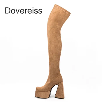 Dovereiss Kış Moda Su Geçirmez Tıknaz Topuklu Diz Üzerinde Çizmeler Fermuar Kare Platformu bayan ayakkabıları Yeni Sexy43 44 45
