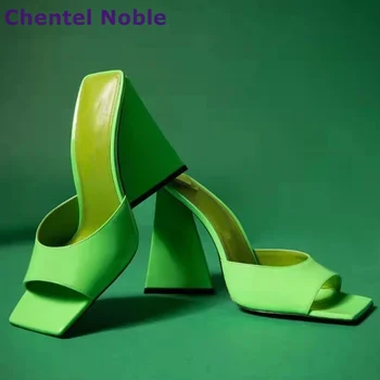 Yeşil Kare Ayak Terlik Garip Tarzı Yüksek Topuklu Yaz Moda Seksi Artı Boyutu Deri Kadın Ayakkabı Dışında Modern Terlik