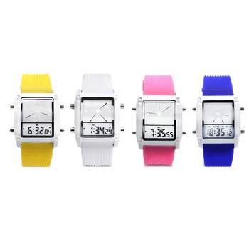 1 adet Moda quartz saat LED Elektronik Çift Ekran Saatler Su Geçirmez Silikon Bant Erkekler İçin/Kadın kol saati 4 Renk İsteğe Bağlı